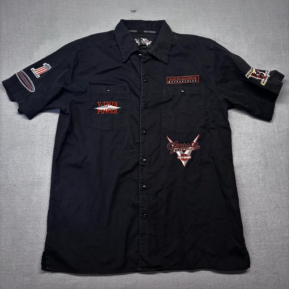 VTG Harley Davidson Mens Large Black Embroidered Multi Patch Button Down Shirt